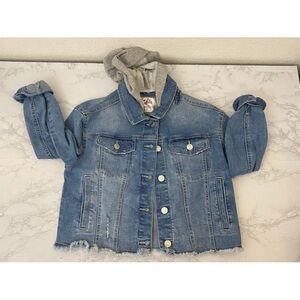 JUSTICE GIRLS HOODED DENIM JACKET Sz 10 Jean Jacket Button Down Distressed G1‌‌